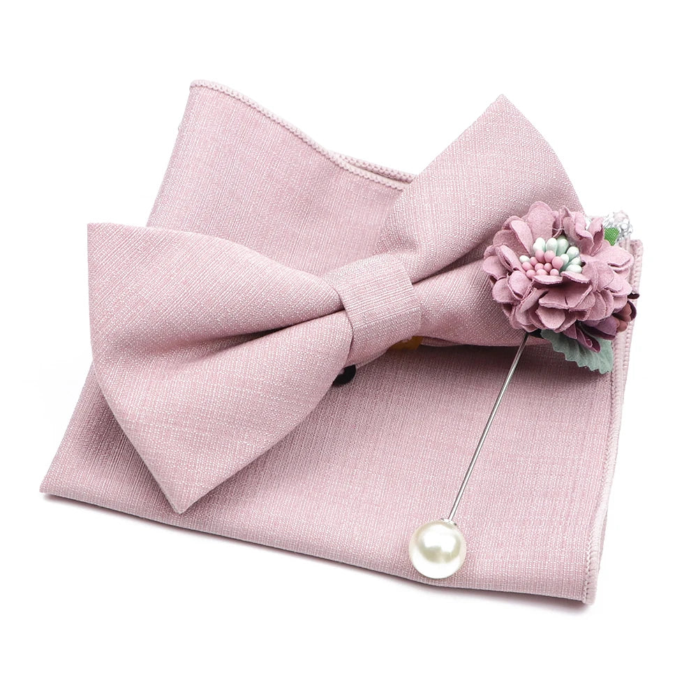 Mens Wedding Bowtie Brooch Set Romantic Solid Color Bamboo Fiber Bowknot Flower Lapel Pin Blue Pink Cravat Suit Shirt Accessory Good Vibrations