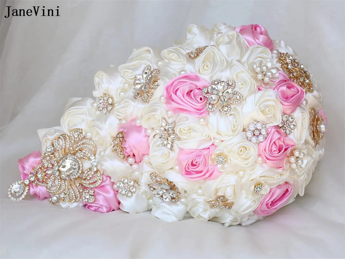 JaneVini Luxury Golden Rhinestones Pink Ivory Cascading Flowers Waterfall Bridal Bouquets Artificial Satin Roses Wedding Bouquet Good Vibrations