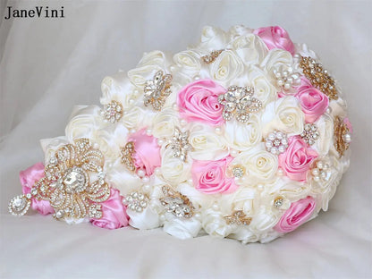 JaneVini Luxury Golden Rhinestones Pink Ivory Cascading Flowers Waterfall Bridal Bouquets Artificial Satin Roses Wedding Bouquet Good Vibrations