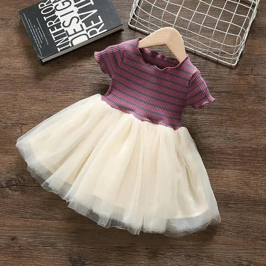Girls' Summer Dress 1-6Y Children's Striped Short Sleeved Patchwork Mesh Dress Korean Girls Clothing Kid's Outfit Good Vibrations