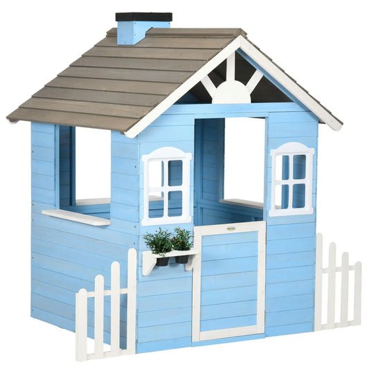 Wooden Playhouse for Kids Outdoor with Flower Pot Holders, Door, Windows, Service Stations for 3-7 Years, Blue Good Vibrations
