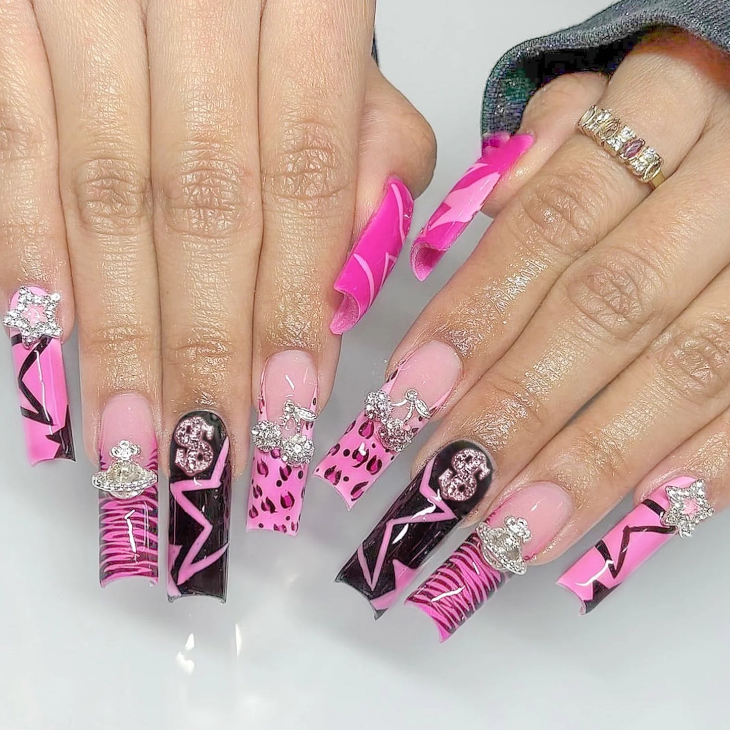 Rose Pink Long Coffin Fake Nails French Style Leopard Star Printed Press on Nails Y2K Girls Charms Manicure Black False Nails Good Vibrations