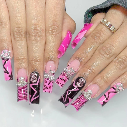 Rose Pink Long Coffin Fake Nails French Style Leopard Star Printed Press on Nails Y2K Girls Charms Manicure Black False Nails Good Vibrations