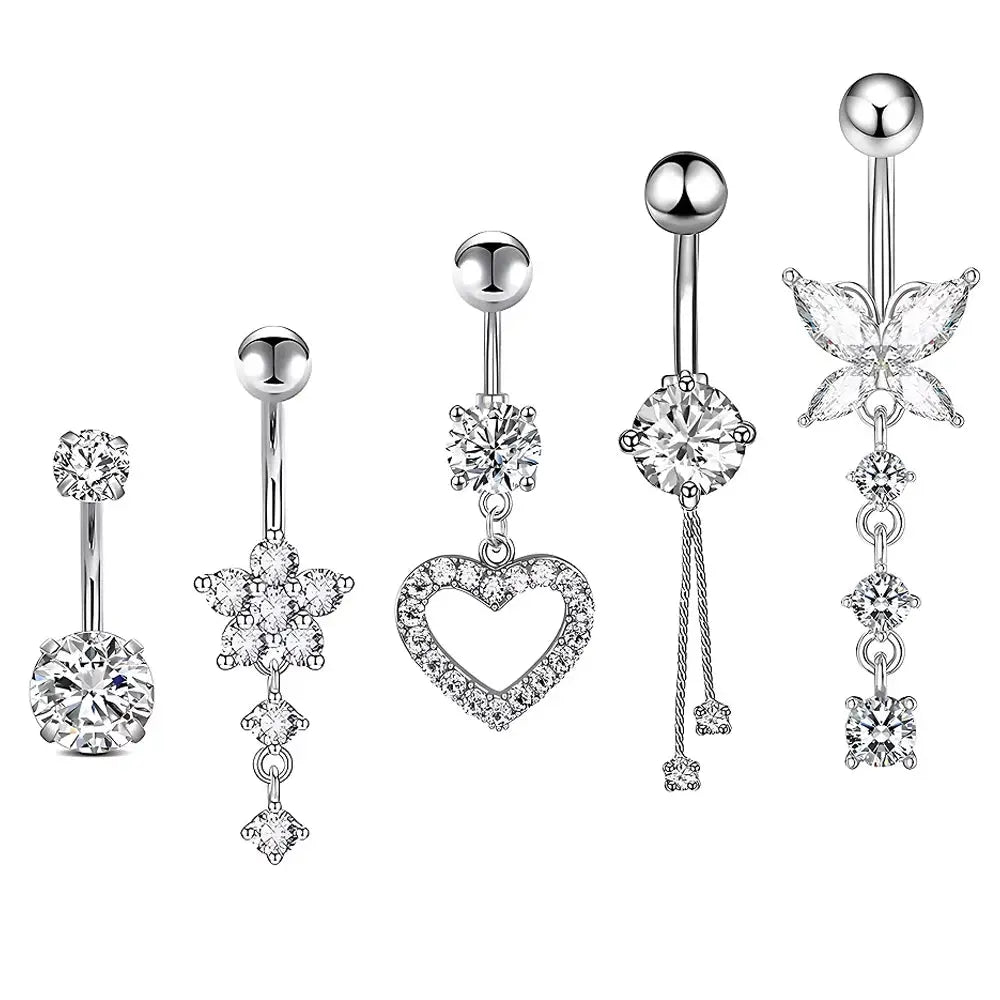 5pcs/lot Dangled Belly Button Rings Belly Piercing Sets 14G Butterfly Heart Curved Navel Piercing for Women Girls Body Jewelry Good Vibrations Adult Super Store