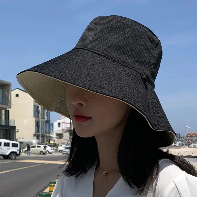 Summer Women Double-sided Bucket Hats Fashion Big Brim Foldable Solid Sun Hat Outdoor Beach Visor Caps Fisherman Cap for Travel Good Vibrations