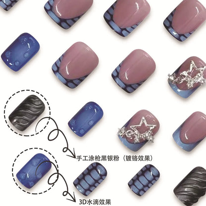 24pcs Short Fake Nails 3D Wave Sliver Star Design Blue French Press on Nails for Girls Full Cover Wearable Short False Nail Tips Good Vibrations