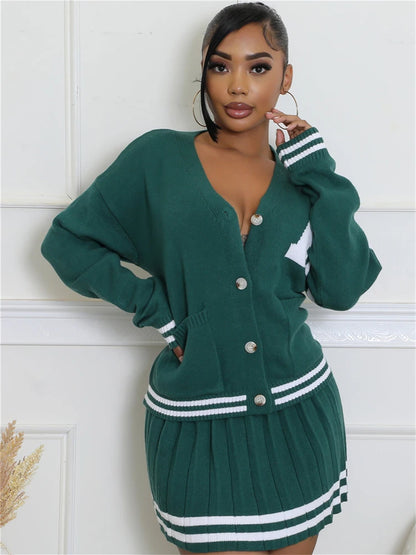 WLWXR Winter Women's Preppy Style Two Piece Sweater Skirt Set 2024 V-Neck Button Cardigan Sweater+Pleated Mini Skirt Matching