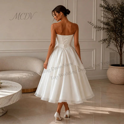 Midi Simple Wedding Dress 2026 Organza A Line Bridal Gown Corset Back Short Reception Dress Civil Vestido Noiva Midi Customized Good Vibrations