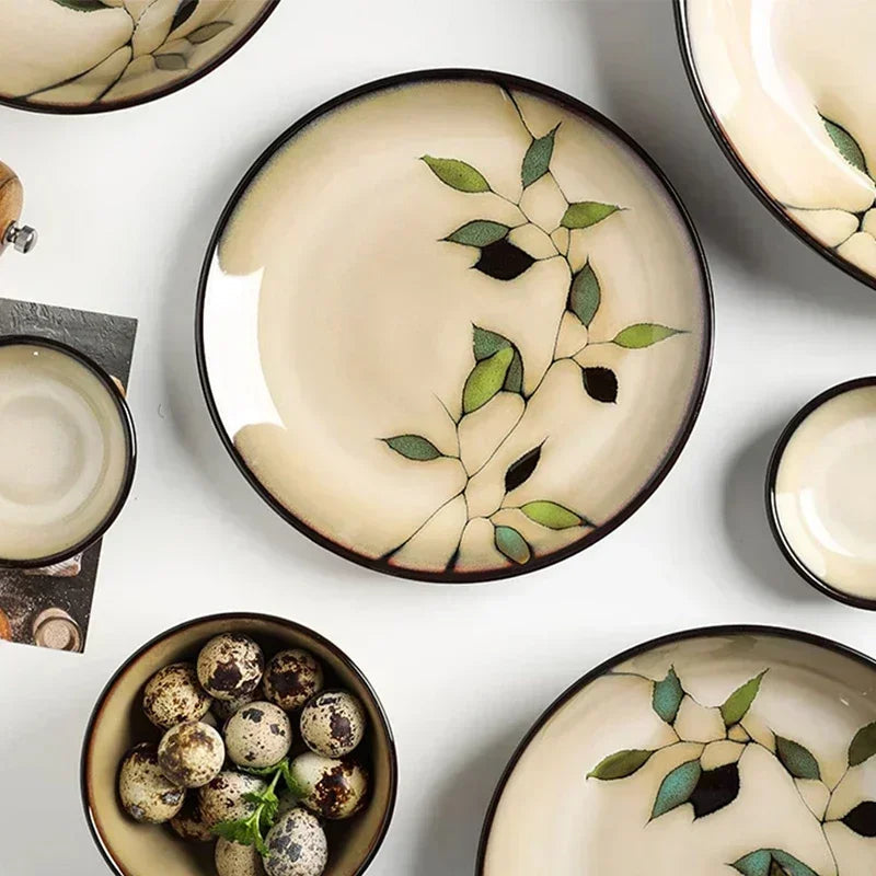 Creative Leaf Round Dinner Plate Retro Home Ramen Bowl Luxury Restaurant Delicious Dishes Ceramic Plates Exquisite Tableware Good Vibrations
