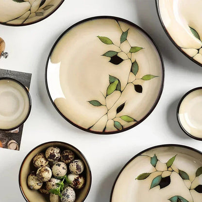 Creative Leaf Round Dinner Plate Retro Home Ramen Bowl Luxury Restaurant Delicious Dishes Ceramic Plates Exquisite Tableware Good Vibrations