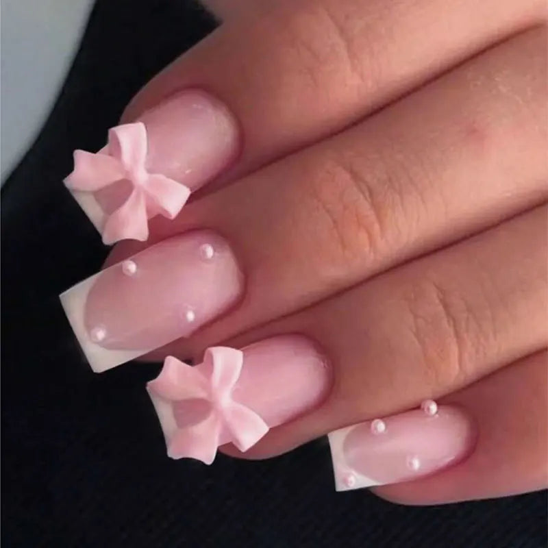 White French Press on Nails 3D Bowknot Fake Nails Tips Full Cover Wearable False Nails for Women and Girls DIY Manicure 24Pcs Good Vibrations