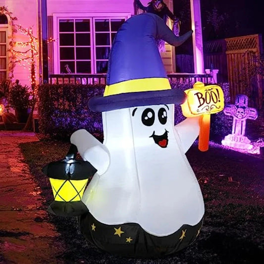 5 FT Halloween Inflatables Ghost Outdoor Decorations Blow Up Yard Cute Wizard Ghost with HandHeld Light and Builtin LEDs for Ga Good Vibrations