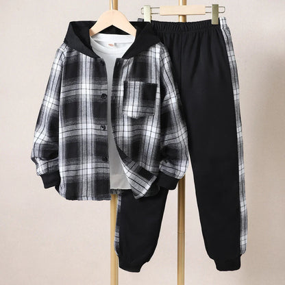 Kids Boys' Autumn Casual Checker Hoodie Set Shirt Suit Soft Ventilate Fashion Boys Suit Plaid Children's Clothing Set Good Vibrations