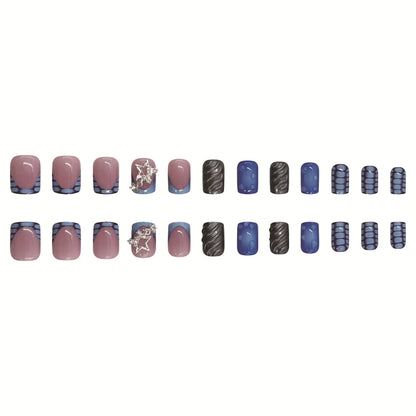 24pcs Short Fake Nails 3D Wave Sliver Star Design Blue French Press on Nails for Girls Full Cover Wearable Short False Nail Tips Good Vibrations