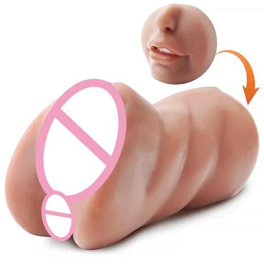 3 in 1 male masturbator cup with realistic artificial vagina, anus, and textured mouth design.