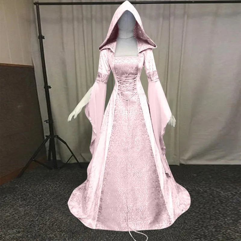 Halloween Women Hooded Gothic Dress Costume Cosplay Medieval Corset Renaissance Victorian Dresses Retro Style Holiday Party Good Vibrations
