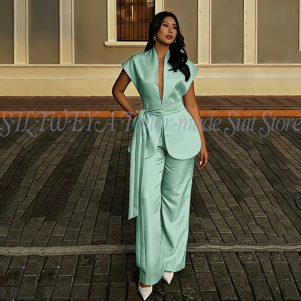 Modern Women Suits For Wedding Business Fashion 2 Pieces Sets Elegant Women's Sets Outfits Short Sleeves Jacket Pants Customized Good Vibrations