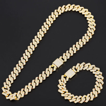 16mm Hip Hop Miami Cuban Link Chain Set Necklace +Watch+Bracelet Creative Iced Out Shiny Trendy Stylish Jewelry For Women Men Good Vibrations