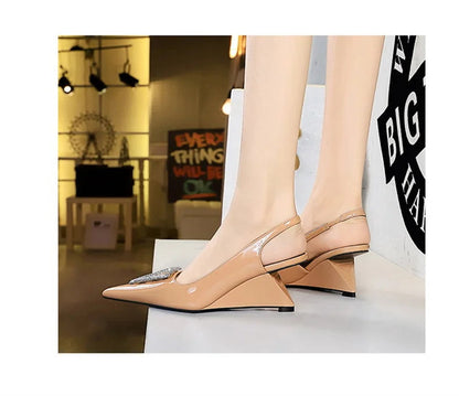 Wedges Women Shoes High Heel Shallow Pointed Toe Hollow Back Straps Patent Leather Triangle Metal Crystal Buckle Pumps Good Vibrations