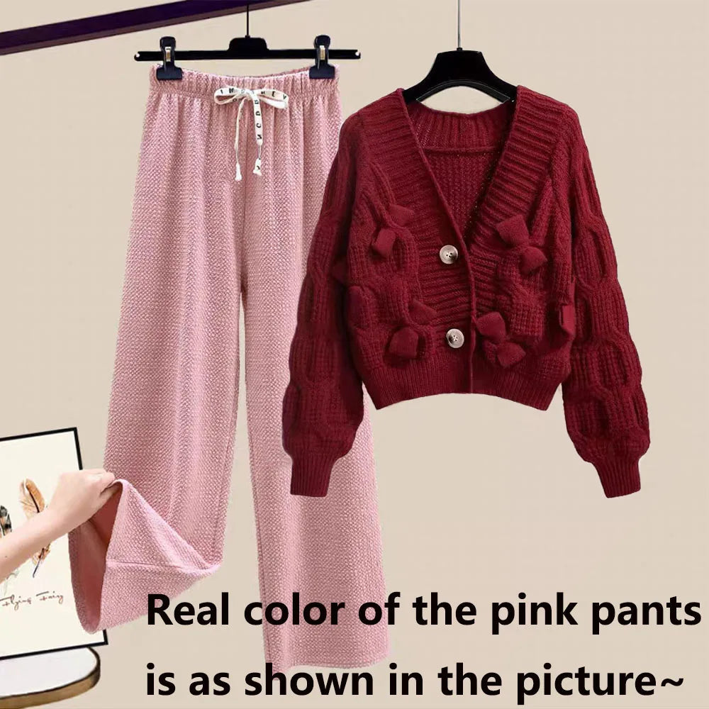 Two Piece Set For Women New In Sweater Matching Sets Korean Sweet Bow Outfit Long Sleeve Cardigan Knitwear Wide Leg Pants Set Good Vibrations