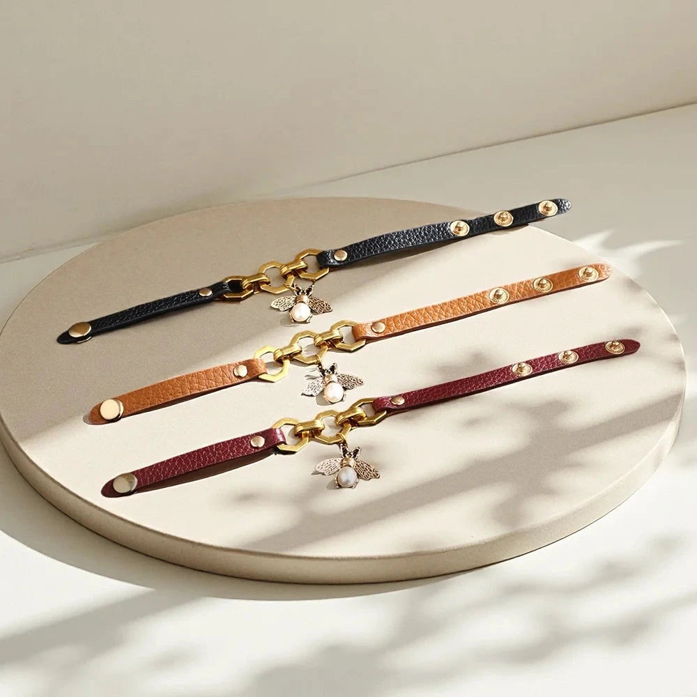 Charmsmic New Vivid Bee Pendant Charms Bracelets & Bangles For Women Punk Style Brown PU Leather Metal Button Jewelry 2024 Good Vibrations