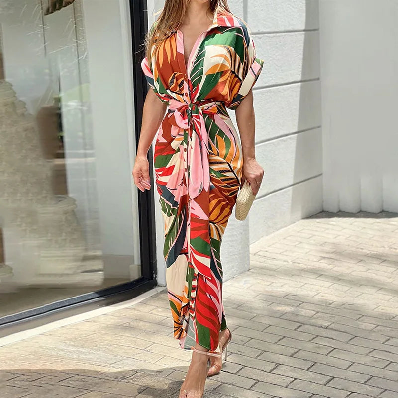Elegant Dresses For Lady Vestidos 2026 Woman Dress Vestido Commuting Temperament Printed Irregular Leace-up Lapel Slim Contrast Good Vibrations