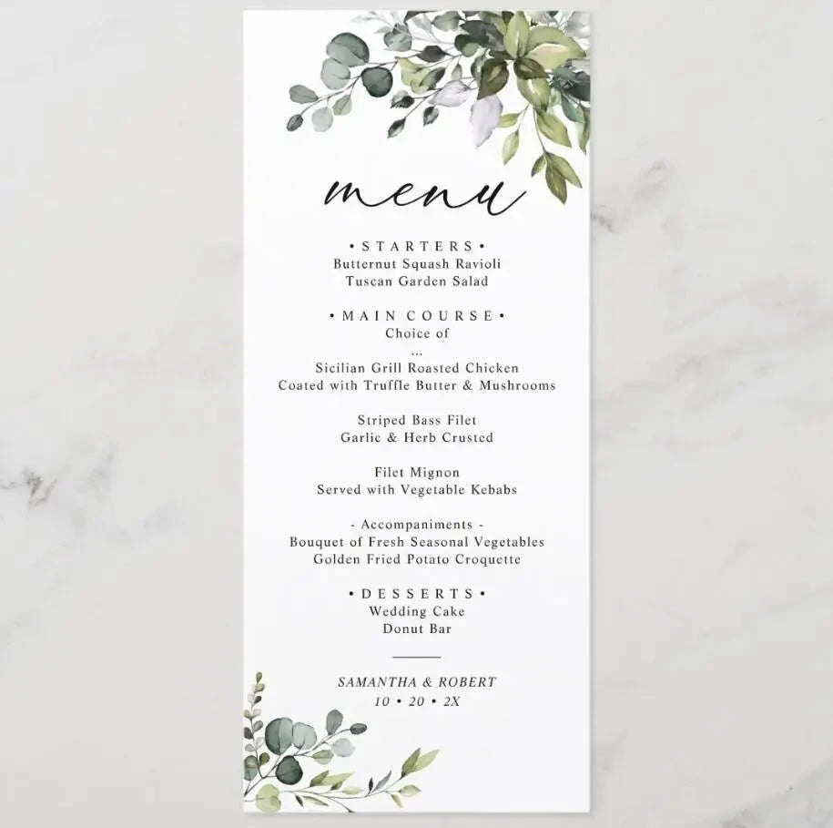 Customizable Wedding Menu, Personalized Wedding Menu, Green leaves and Flowers Menu Cards for Wedding, Custom Wedding Table Menu Good Vibrations