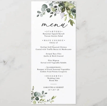 Customizable Wedding Menu, Personalized Wedding Menu, Green leaves and Flowers Menu Cards for Wedding, Custom Wedding Table Menu Good Vibrations