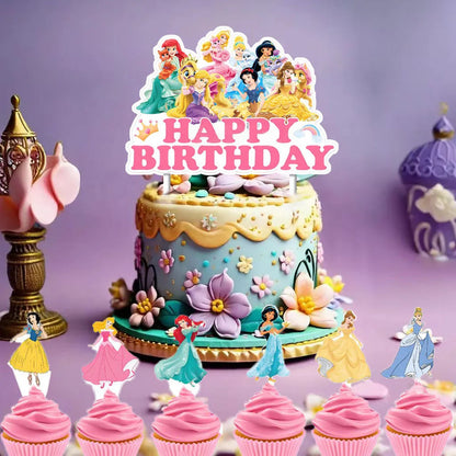 Princess Cake Toppers for Girls Birthday Cake Decoration Cinderella Mermaid Rapunzel Cake Toppers Pink Glitter Cake Flag Good Vibrations