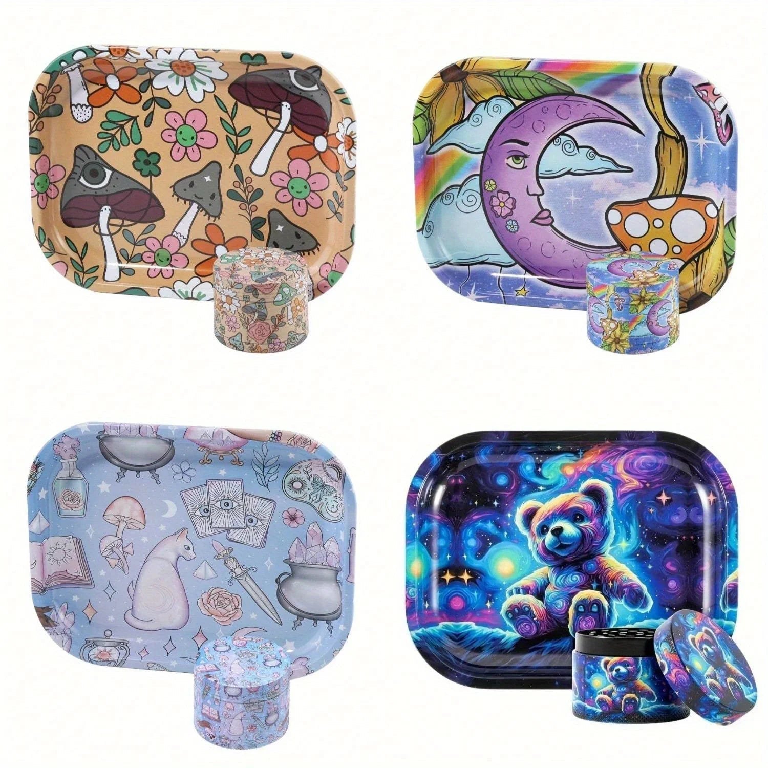 2 Pieces Kitten Bear Floral Mushrooms The Magic World Grinder and Rolling Tray Combo Good Vibrations Adult Super Store