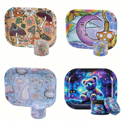 2 Pieces Kitten Bear Floral Mushrooms The Magic World Grinder and Rolling Tray Combo Good Vibrations Adult Super Store