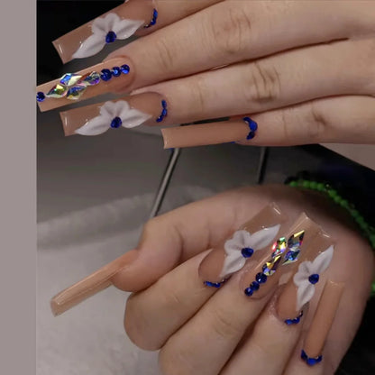 24Pcs Brown Long Coffin False Nails Glitter Ballet Wearable with French Design Fake nails Full Press on Nail Ins Nail Tips Art Good Vibrations