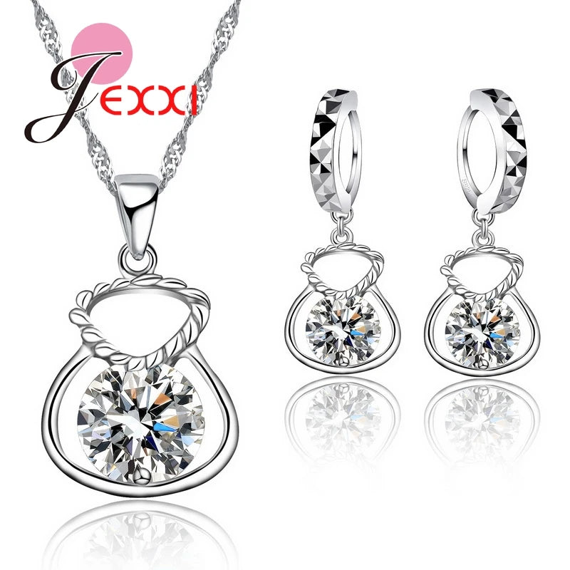 New 925 Silver Color Jewelry Sets Include Rhinestone Necklace Earrings Purse Wedding Anniversary Accessories Gift Good Vibrations