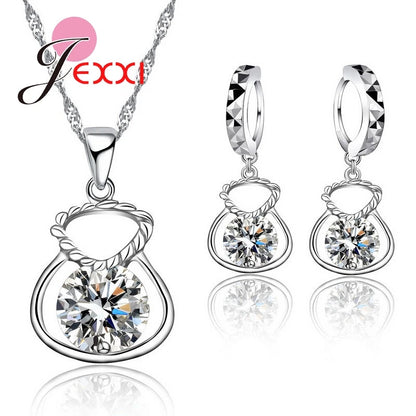 New 925 Silver Color Jewelry Sets Include Rhinestone Necklace Earrings Purse Wedding Anniversary Accessories Gift Good Vibrations