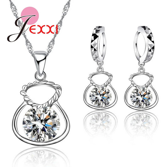 New 925 Silver Color Jewelry Sets Include Rhinestone Necklace Earrings Purse Wedding Anniversary Accessories Gift Good Vibrations