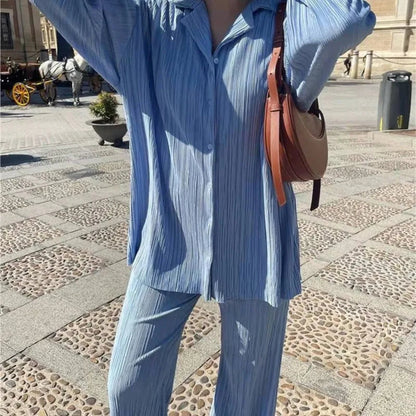 New Two Piece Set Women Outfits Pleated Women's Elegant  Drape Loose Sets Shirt High Waist Trousers Female Suit Fashion Casual Good Vibrations