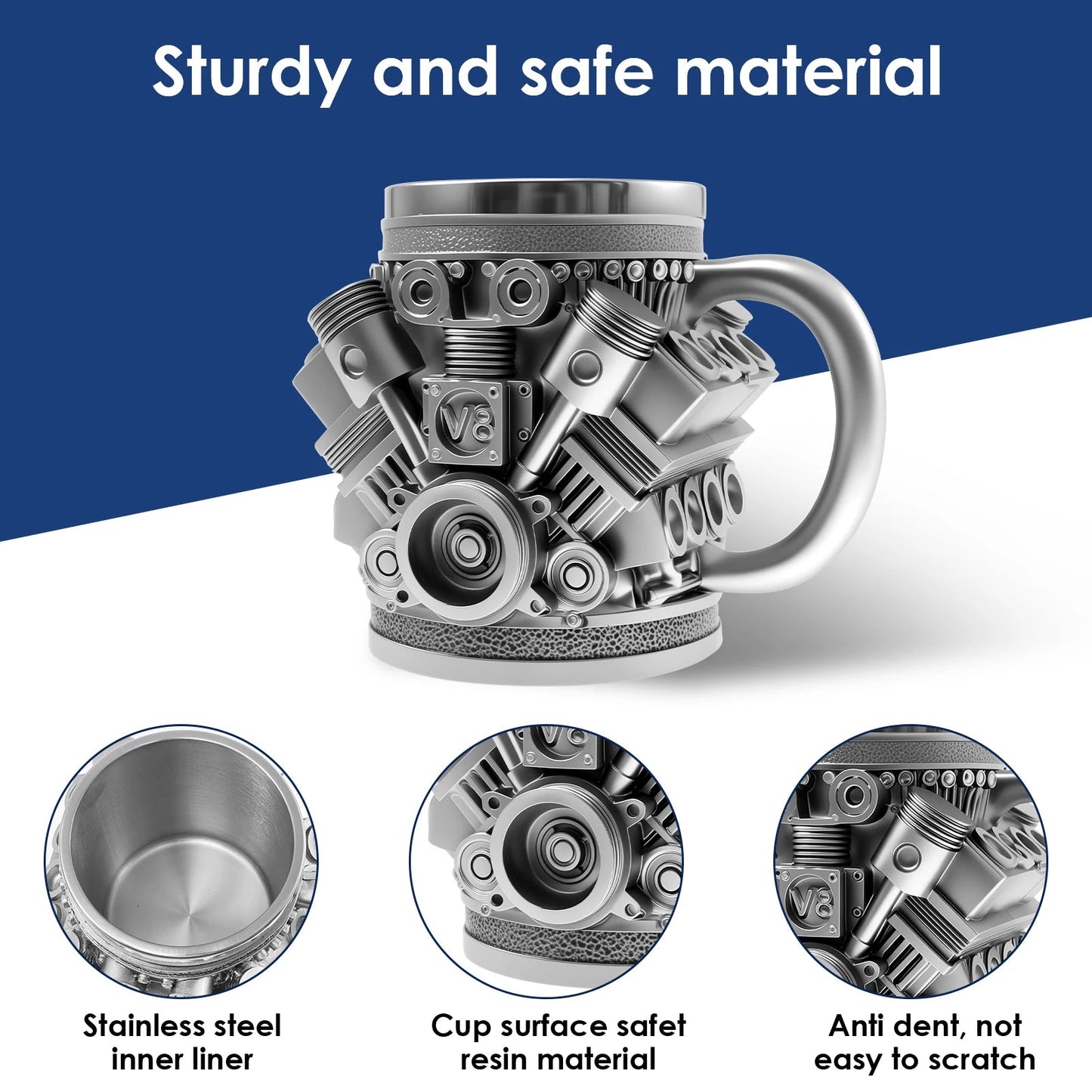Engine Coffee Mug 350ml Creative Car V8 Engine Coffee Cup with Handle Novelty Stainless Steel Beverage Mugs for Car Lovers Gifts Good Vibrations