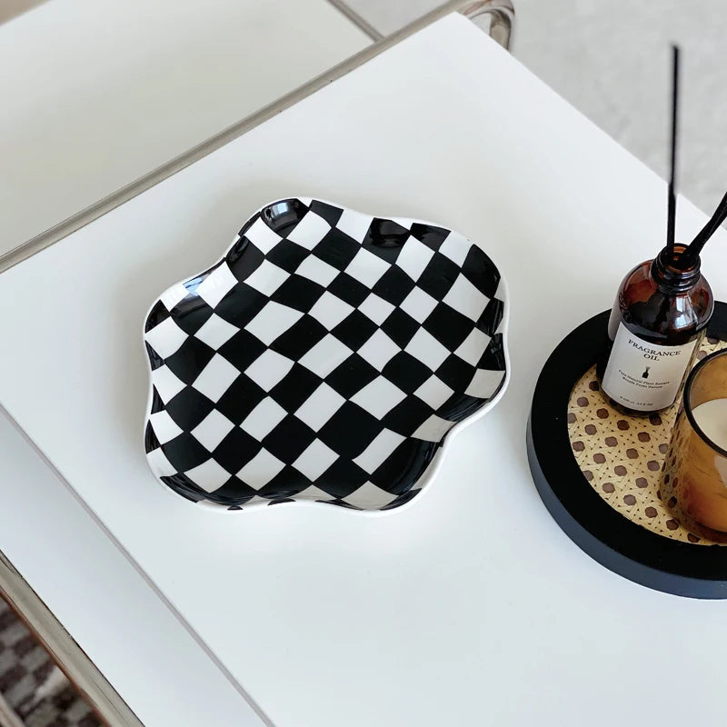 European Chessboard Ceramic Plate Black and White Checkered Irregular Tableware Dinner Plate Dinner Set Plates and Dishes Good Vibrations