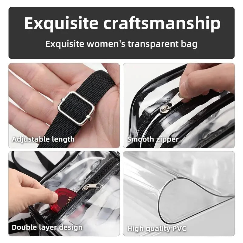 Women Clear Shoulder Bag Stadium Approved PVC Concert Transparent Purse Simple Crossbody Bag With Front Pocket Casual Handbag Good Vibrations