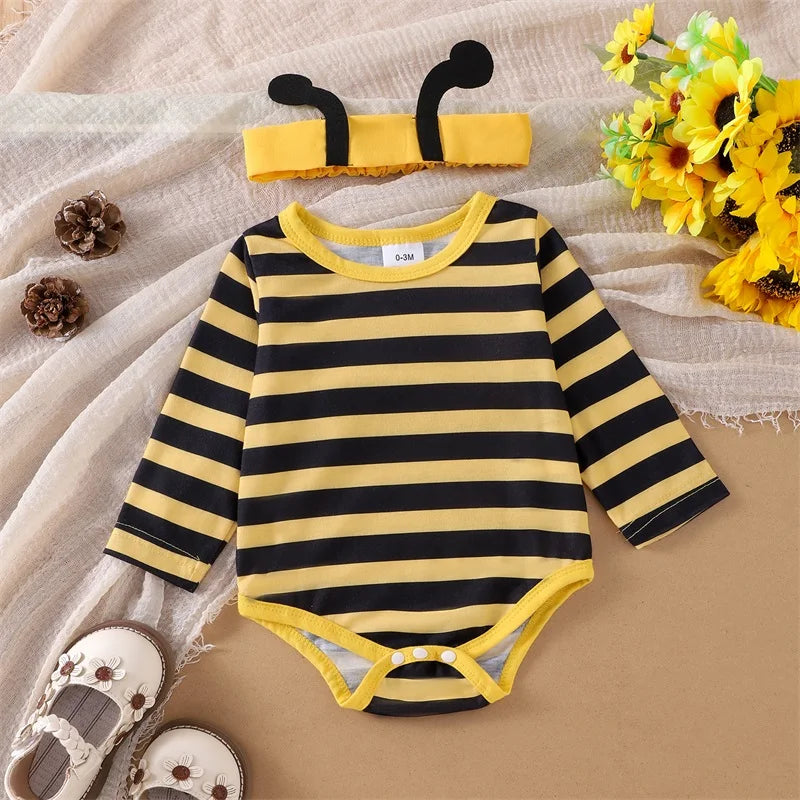 Newborn Baby Girl Halloween Outfit Long Flying Sleeve Romper Bee Suspender Skirt Dress Cute Baby Girl Fall Winter Clothes Good Vibrations