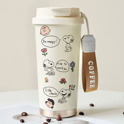 Cartoon Cute Snoopy Anime Peripheral Thermos Cup Women's Heart Stainless Steel Large Capacity Coffee Cup Straw Water Cup Gift Good Vibrations