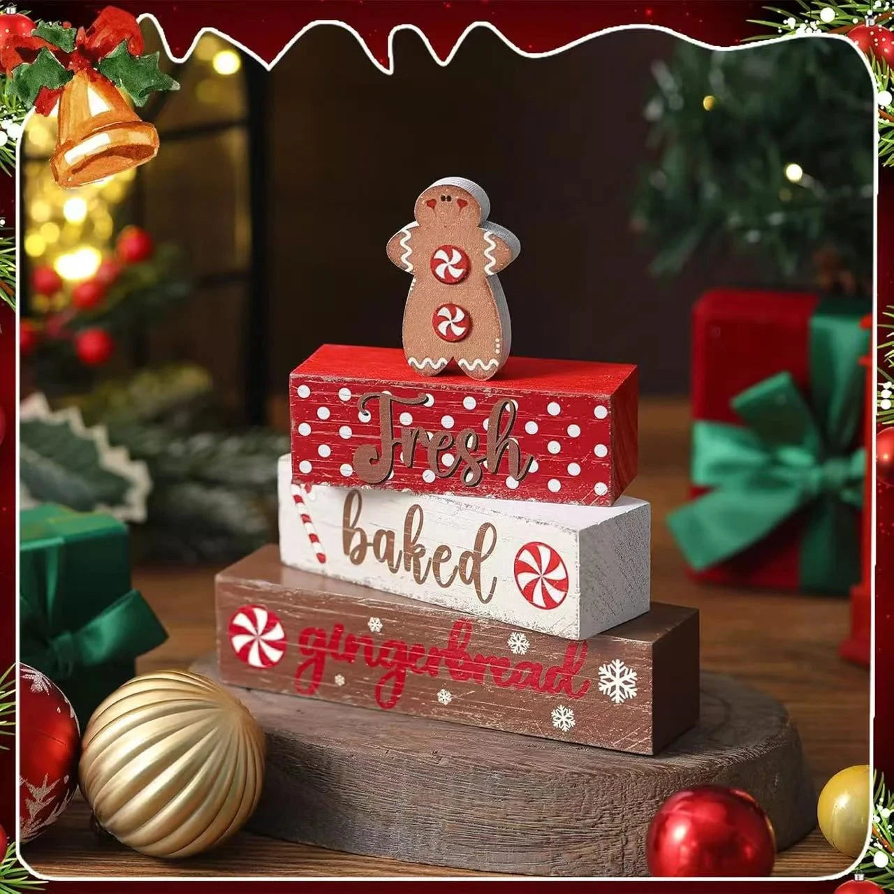 Christmas Tiered Tray Decor Wooden Table Centerpiece Merry Christmas Xmas/Gingerbread/Truck/Pink&Red Hohoho Chirstmas Family Gat Good Vibrations