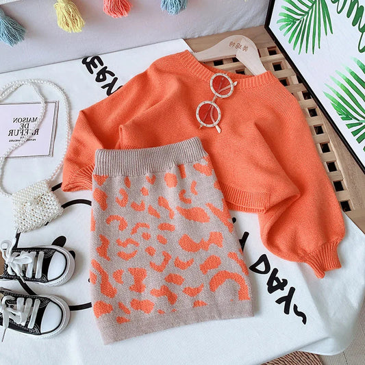 Girls Sweater Sets 2024 Autumn and Winter Knit Set Girls Orange Knit Top+Geometric Printed Skirt Two Piece Set 2-8T Kids Good Vibrations