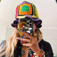 2024 Spring New Crochet Hat Korean Handmade Bucket Hat Women's Weaving Knitted Hat Y2k Fashion Flowers Autumn Winter Ins Beanies Good Vibrations