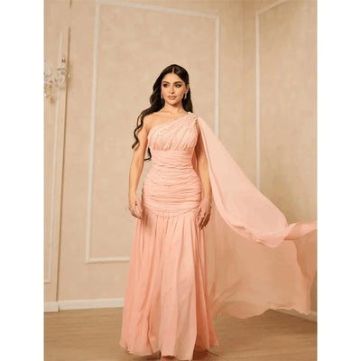 Customized  High Quality Floor-length Wedding Party Dress One Shoulder Wrinkle Pink Sweet Zipper Sleeveless Prom Dresses Beaded