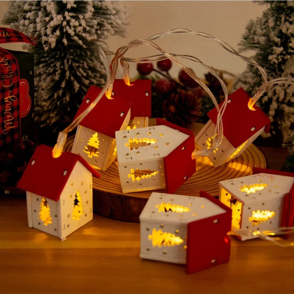 Christmas Wooden House LED String Light Xmas Tree Garland Home Fairy Lamp Merry Christmas Hanging Ornament 2025New Year Gift Noe Good Vibrations
