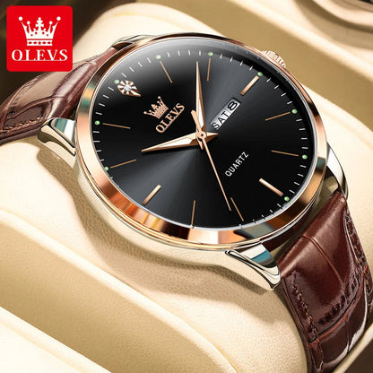 OLEVS 2935 Fashion Business Brand Men Watches Leather Strap Trend Week Calendar Quartz Watch Luminous Waterproof 43mm Dial Good Vibrations