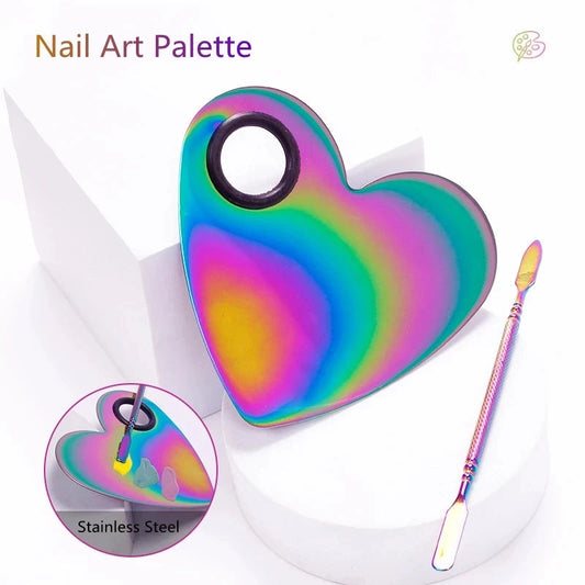 1set Stainless Steel Nail Makeup Palette Colorful Palette with Spatula Stick Nail Polish Mixing Plate Foundation Eyeshadow Mixer Good Vibrations