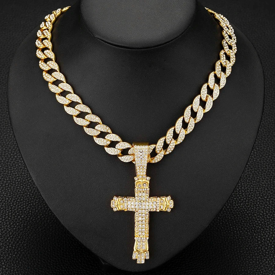 Cross Cross Pendant Necklace For Men Hip Hop Cuban Chain Bling Jewelry With Crystal Miami Cuban Chain fashion jewelry Good Vibrations