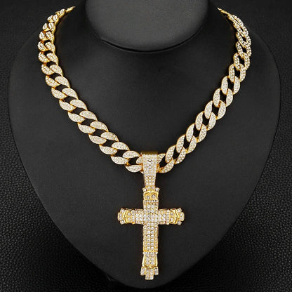Cross Cross Pendant Necklace For Men Hip Hop Cuban Chain Bling Jewelry With Crystal Miami Cuban Chain fashion jewelry Good Vibrations